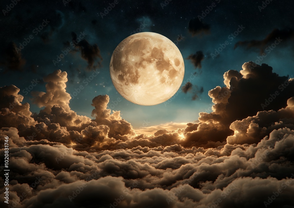Wall mural a large moon is in the sky above a cloudy sky. the moon is surrounded by clouds and is the main focu