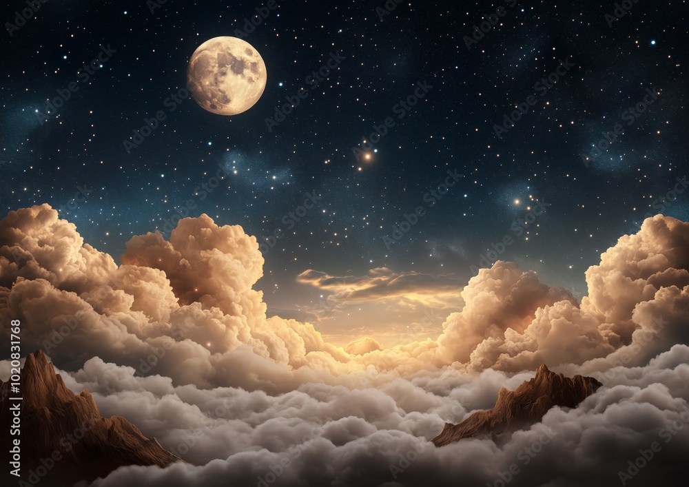 Wall mural a large moon is in the sky above a cloudy sky. the clouds are white and fluffy. the sky is dark and 