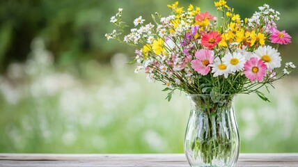 Vibrant bouquet of assorted wildflowers in a clear vase on a natural background.
