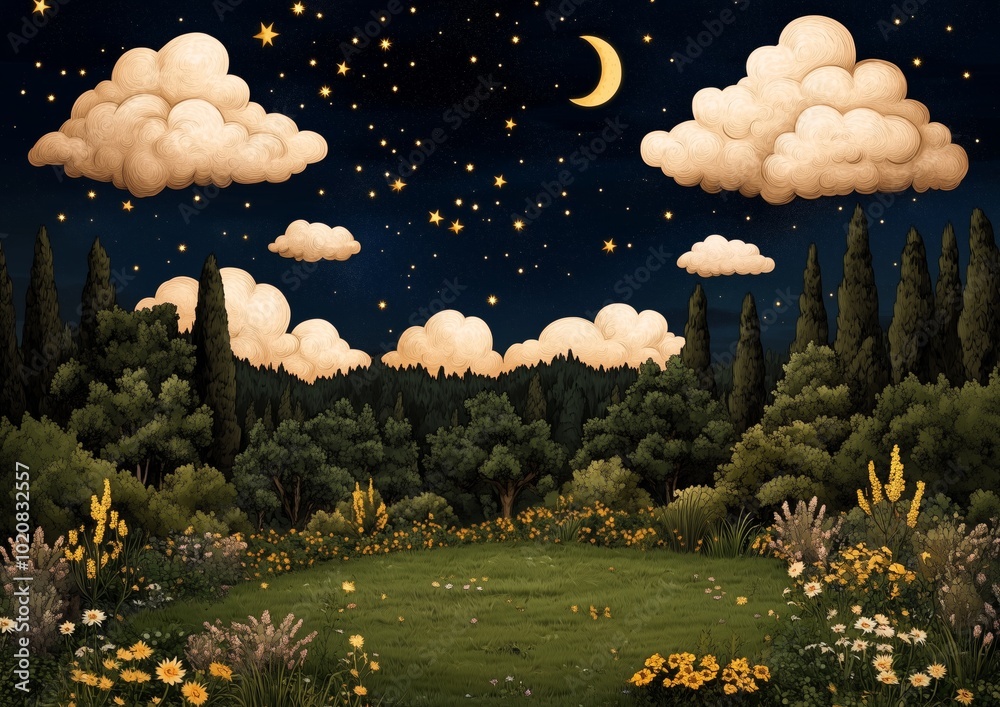 Canvas Prints a drawing of a forest with a large moon and stars in the sky. the moon is in the middle of the sky a