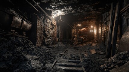 Fototapeta premium A Mining Machine in a Dark and Dusty Tunnel