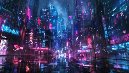 Fototapeta premium Neon-lit cityscape with rain and cars reflecting in wet asphalt