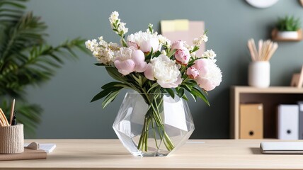 Beautiful flower bouquet in a geometric vase on a wooden desk against a green wall.