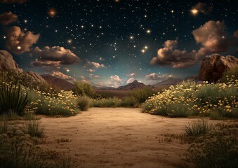 A desert scene with a field of yellow flowers and a mountain in the background. The sky is filled...