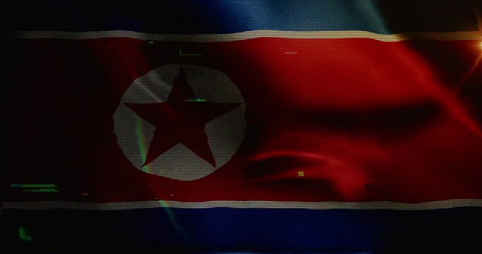 North Korea flag waving with glitch noise. Korean blowing banner seamless and looped concept animation.