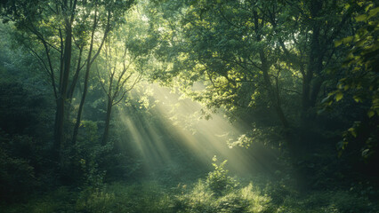 Fototapeta premium Sun Rays Through Forest Canopy Creating a Mystical Atmosphere