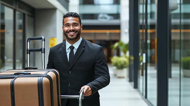 bellboy maneuvering a luggage cart filled with suitcases, showcasing attentive service and professionalism in a hotel environment. hospitality, luggage management, and positive guest experiences
