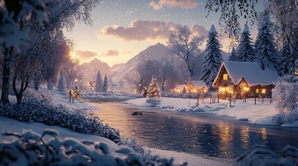 A Christmas scene with a street lined with houses and a large tree in the center