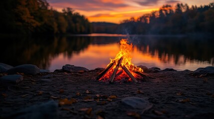 Campfire burning brightly on the lake shore at sunset, with vibrant colors reflecting on the water.