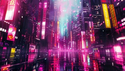 Neon-Lit Urban Street with Rain Reflecting the City Lights