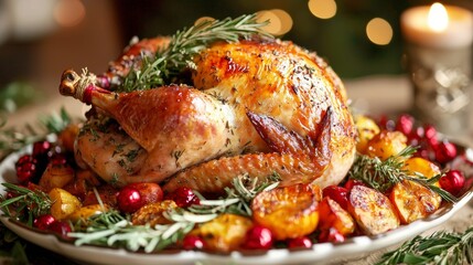 Roasted turkey with herbs and vegetables for a festive holiday dinner