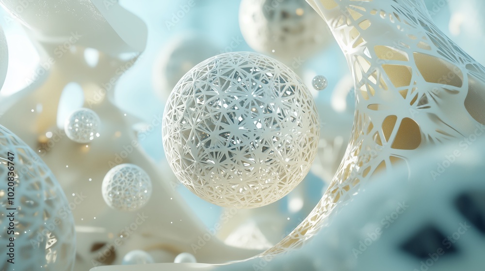 Poster intricate white spherical structures floating in a futuristic setting filled with delicate patterns 