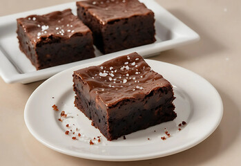 Indulge in a high-end chocolate brownie, featuring a glossy texture and sea salt sprinkle, elegantly presented on a white plate.