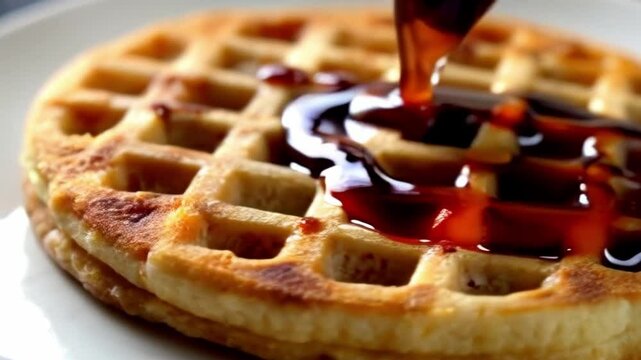 waffle poured with sweet strawberry syrup