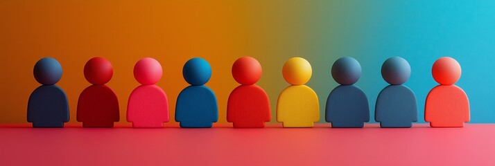 Colorful figurines stand side-by-side on a gradient background, symbolizing diversity and unity within human society.
