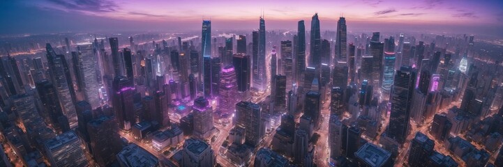 Obraz premium A city skyline at night with many buildings and lights. The sky is purple and the city is lit up