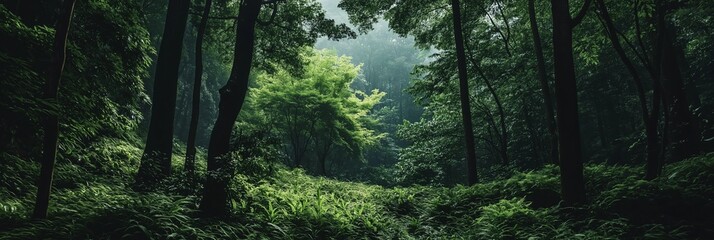 Obraz premium A beautiful forest captivated by light, creating green shades of tranquil ambiance.