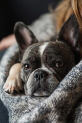 Fototapeta premium A lovable French Bulldog snuggles in a cozy blanket, conveying warmth, companionship, and relaxation in a homey space.