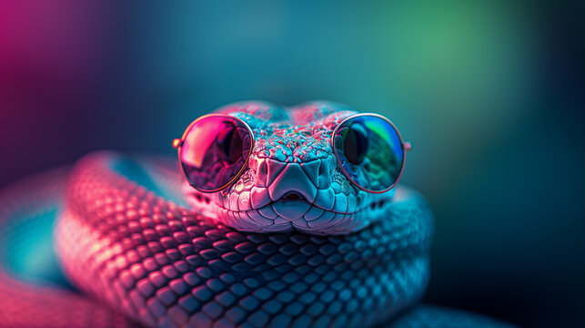 A snake wearing sunglasses in front of a colorful tropical background	
