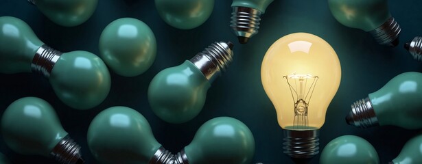 A bunch of green light bulbs with one of them lit up. The lit up bulb is in the middle of the bunch