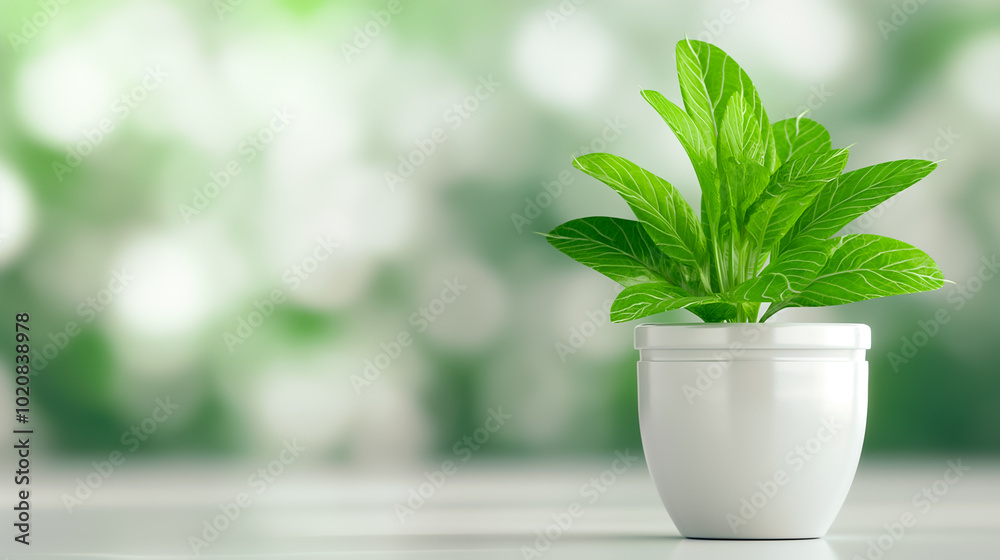 Wall mural This thriving mint plant rests in a pristine white pot, exuding vitality. The soft focus background enhances the plants bright green leaves, emphasizing its natural beauty