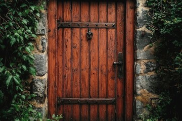 An Old Wooden Door with Metal Accents Set into a Stone Wall Overgrown with Green Vines