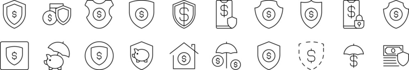 Money by Shield Outline Picture Collection. Editable Stroke. Perfect for Infographics, Articles, Books, Flyers, Banners