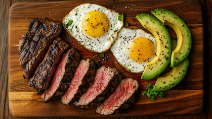 Ideal Carnivore Diet with beef red meat steak eggs and avocado on a wooden cutting board flaky salt and pepper