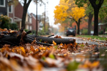 Obraz premium Rain-soaked street lined with vibrant autumn leaves and fallen branches on a cloudy day