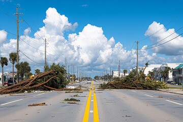 Debris-filled roadway after a storm in a coastal town with power lines and palm trees under a bright blue sky