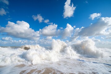 Waves crashing on the sandy beach under a bright blue sky with fluffy clouds during the late afternoon light