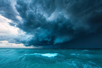 Dramatic storm clouds gathering over a turbulent ocean just before a summer thunderstorm in a coastal area