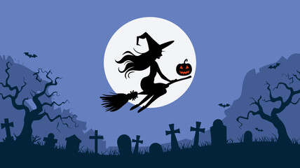 Black silhouette of witch flying on a broomstick over the full moon in the sky, holding a Halloween pumpkin. Background is a night cemetery with tombstones and twisted trees. Vector illustration