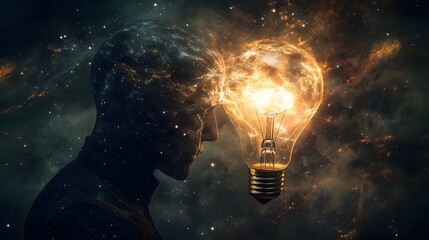 A thinker with a light bulb head, and when it lights up, an entire galaxy forms around them.