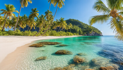 Palm trees on the sandy beach of a beautiful bay.