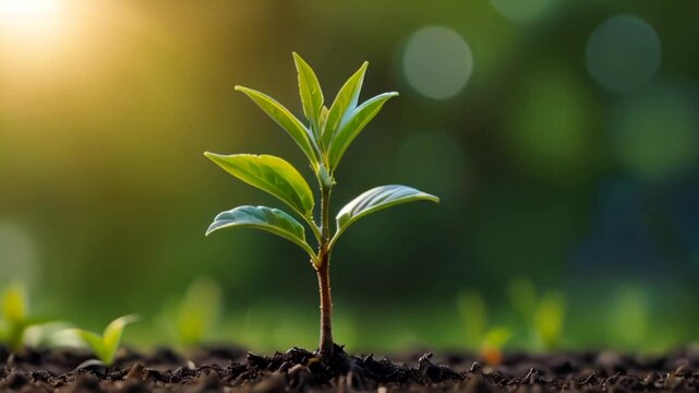 Small tree sapling sun rays green blurred background