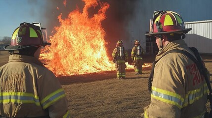 Naklejka premium Firefighters Observing a Large Blaze During Training