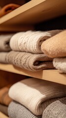 Neatly folded sweaters in warm tones on wooden shelves.