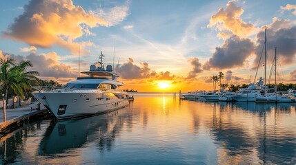 Naklejka premium Yachts and boats at rest in a calm marina, with the ocean and sky merging in the distance, creating a peaceful, vacation-like landscape
