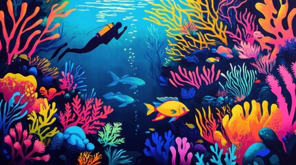 Fototapeta premium Vibrant undersea scene showing colorful coral, fish, and marine plants, with a diver swimming through, evoking a sense of underwater adventure and exploration