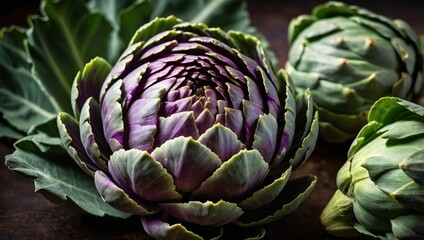 Fototapeta premium Close-up of artichokes on a wooden table