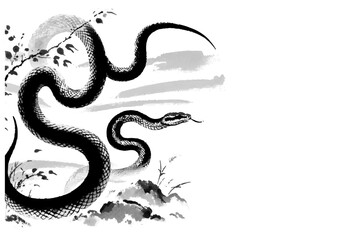 2025年巳年年賀状素材水墨画風