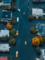 Aerial view of flooded residential area with boats navigating through submerged streets after heavy rainfall