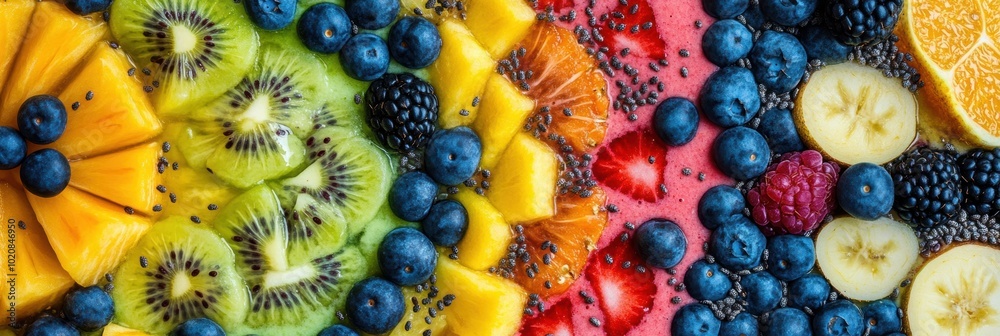 Sticker vibrant smoothie bowl with an array of fruits and seeds artfully arranged in a colorful pattern show