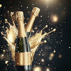 Fototapeta premium Champagne bottles popping with golden liquid splashing out,