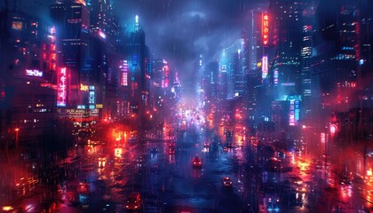 Fototapeta premium Rain-Soaked Cyberpunk Cityscape with Neon Lights and Traffic
