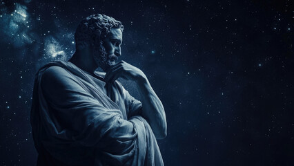 Contemplative statue under a starry night sky
