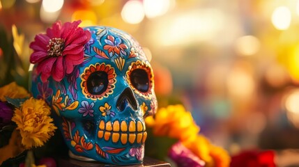 Close-up of a colorful sugar skull (calavera) decorated with vibrant patterns and flowers,
