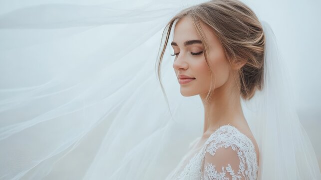 Profile of serene bride with closed eyes and soft flowing veil