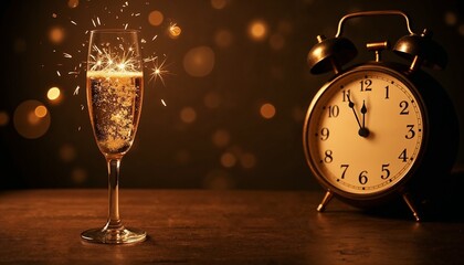 Festive champagne glass and clock near midnight against glowing background